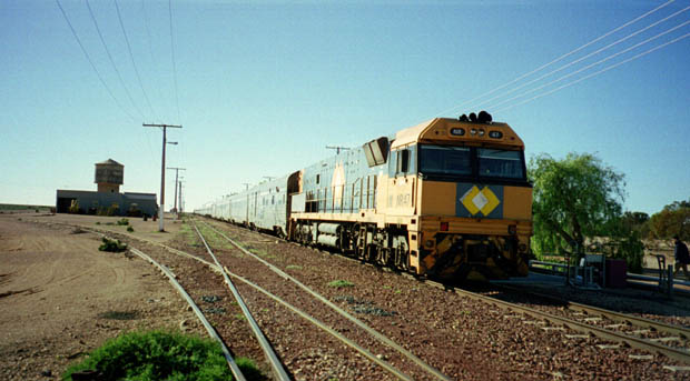 Indian - Pacific jernbanen går fra Sydney til Perth. Turen tager 40 timer - her fotograferet ved Cook.